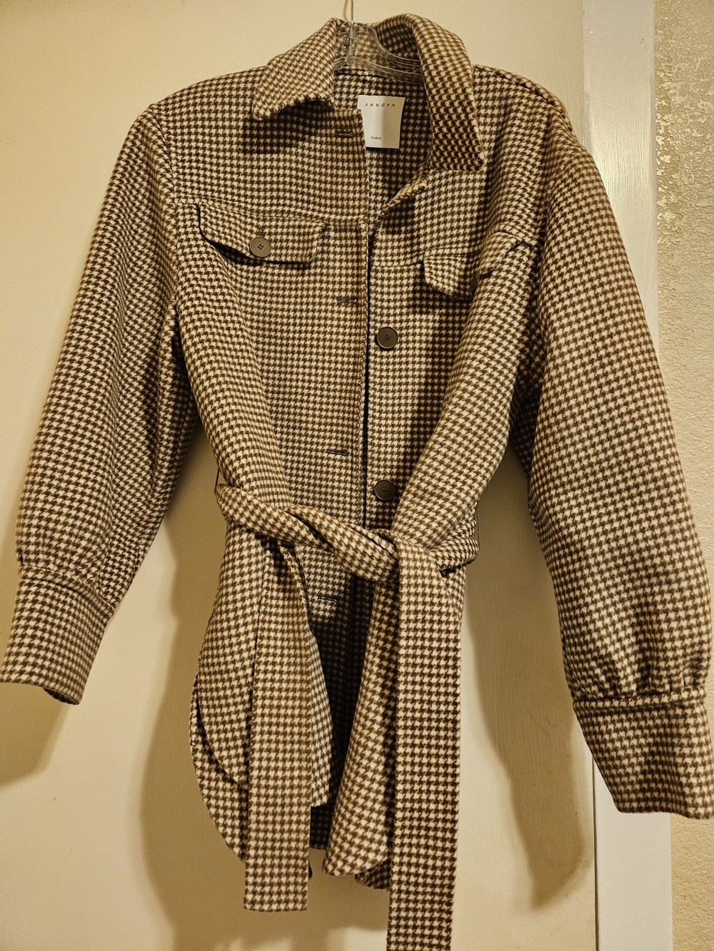 Sandro Paris Beige and Brown Houndstooth Belted Blazer Jacket